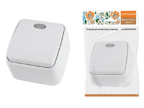 Выключатель 1-кл белый с подсветкой Дача Народная открытой установки 10А IP20 TDM