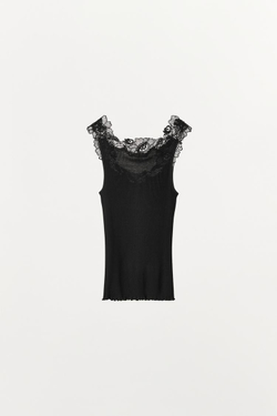 ZARA ТОП В РУБЧИК С КРУЖЕВОМ, ЧЕРНЫЙ