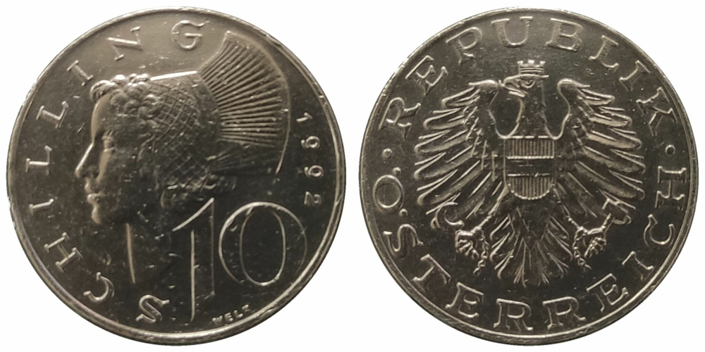Австрия 10 шиллингов, 1974-2001 XF