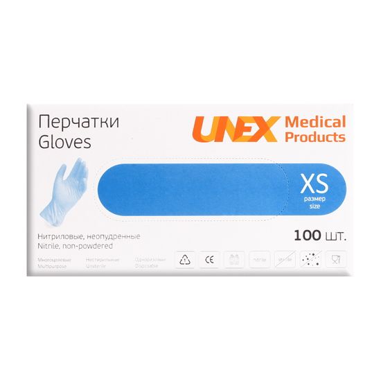 Перчатки UNEX размер XS нитриловые голубые 50 пар/уп