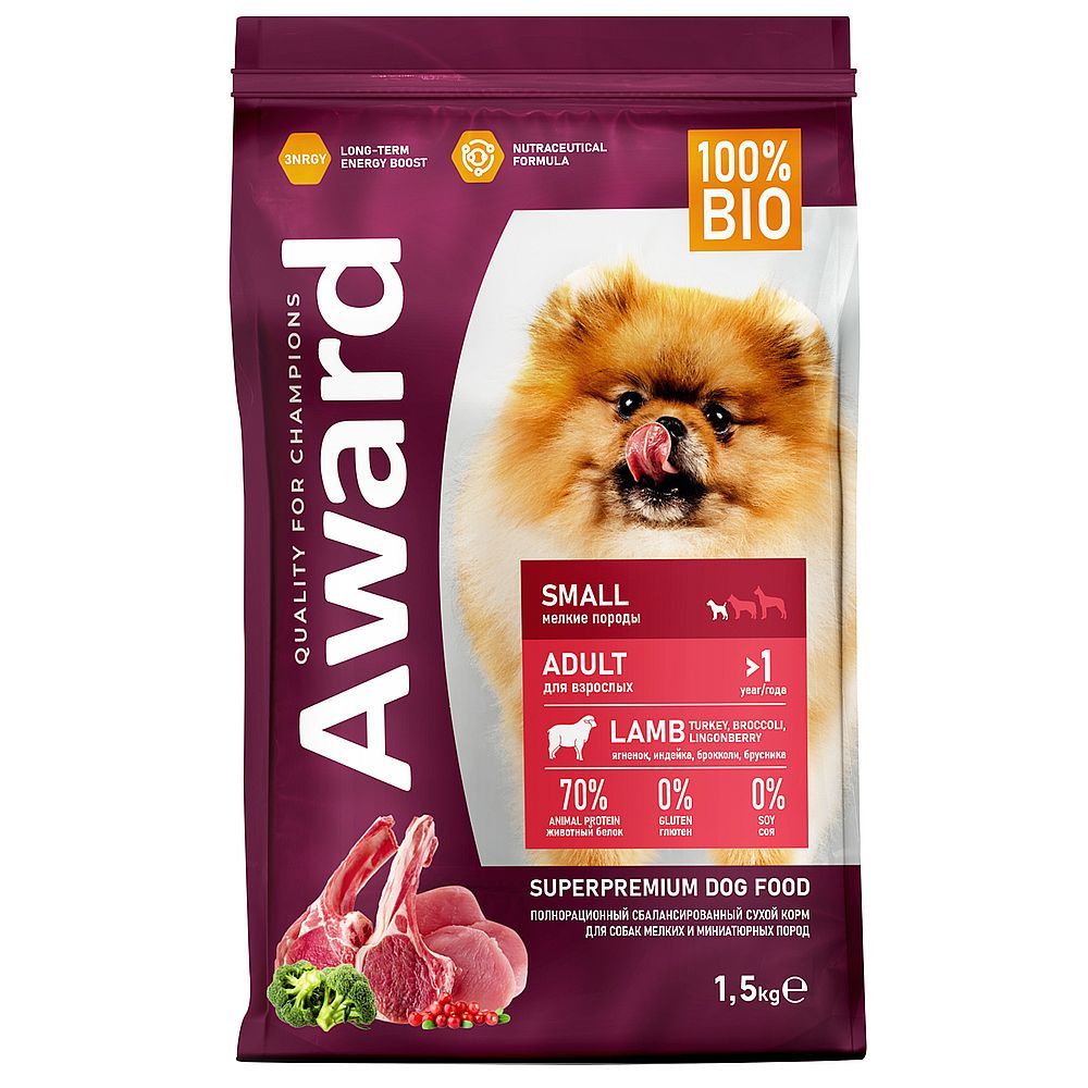 Сухой корм AWARD для собак мелких пород с ягненком и индейкой с добавлением брокколи и брусники, Пакет 1,5 кг