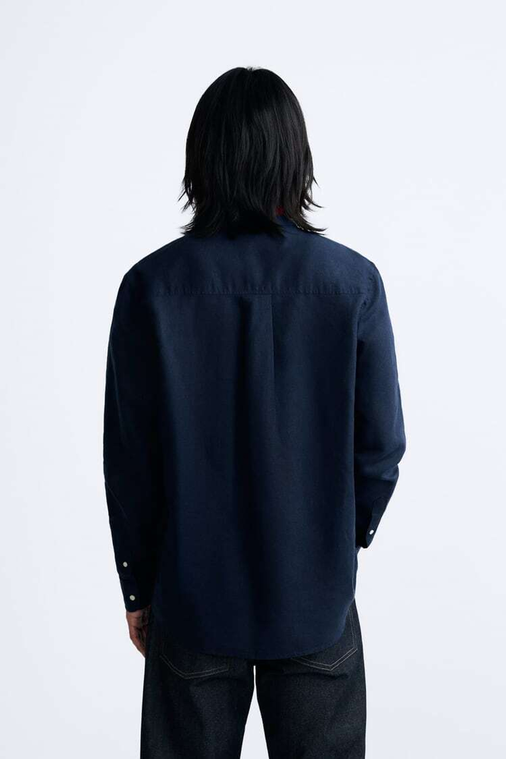 ZARA РУБАШКА ИЗ ХЛОПКА И ЛЬНА, МОРСКОЙ СИНИЙ