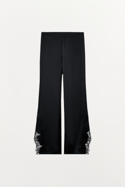 ZARA АТЛАСНЫЕ БРЮКИ С КРУЖЕВОМ, ЧЕРНЫЙ