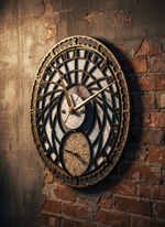 Деревянные часы WOODandROOT «Башня Волшебника» с двойным циферблатом и ручной отделкой, закреплённые на кирпичной стене в тёплом освещении.