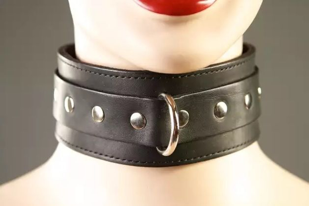 Кожаный ошейник чёрного цвета с кольцом для поводка (Цвет: черный)