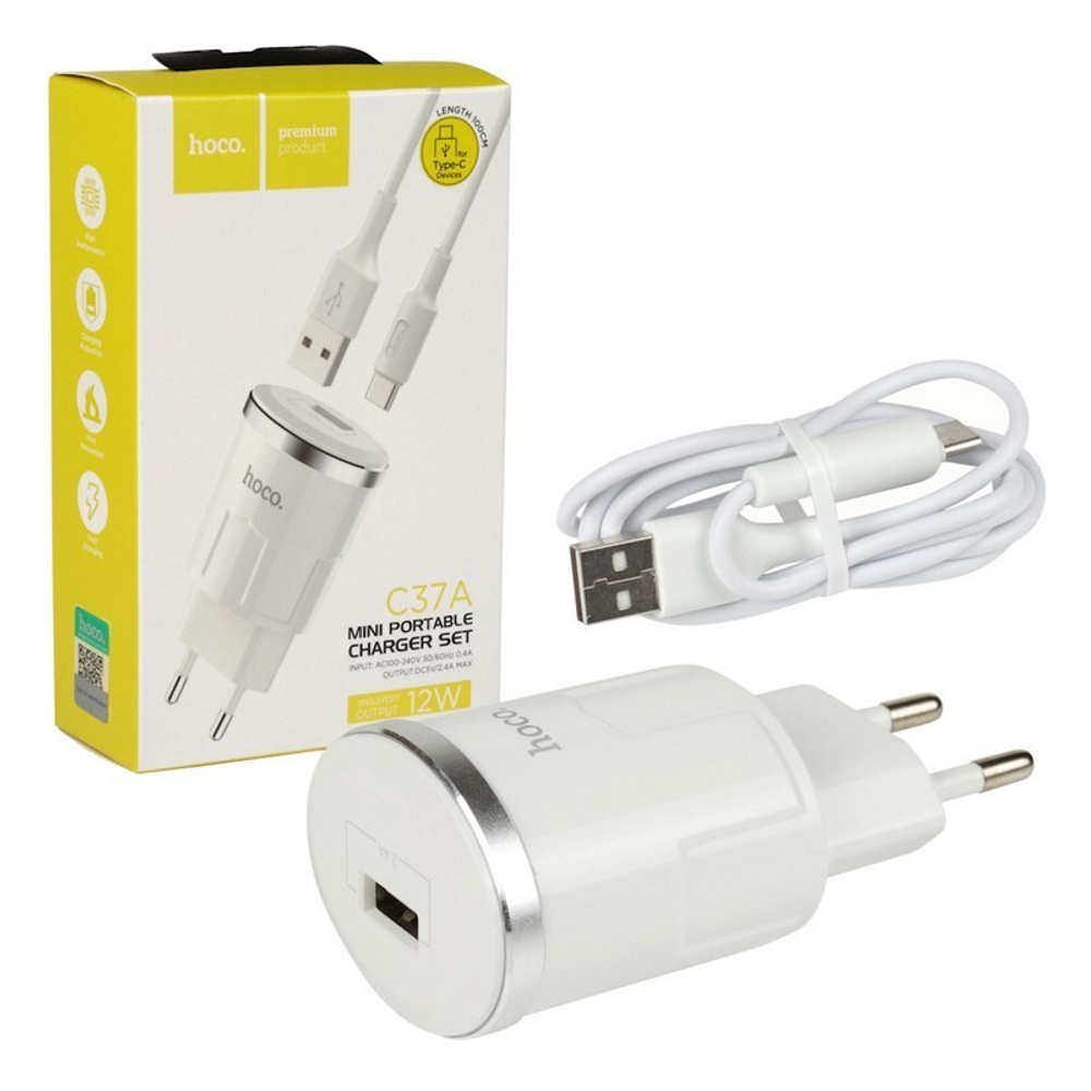 Сетевая зарядка HOCO C37A Thunder + кабель TypeC (2.4A)