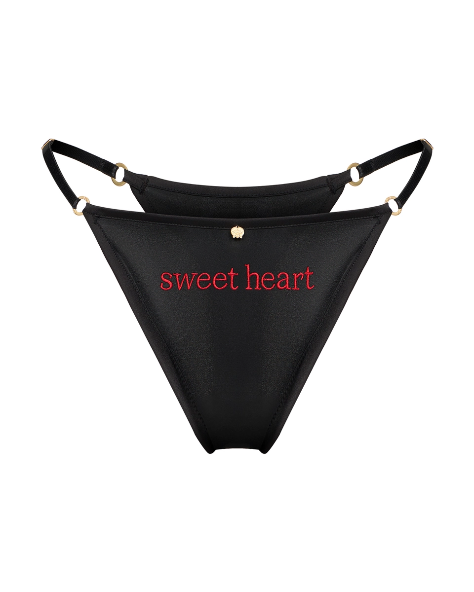 трусы стринги из натурального шелка с надписью Sweet heart черные