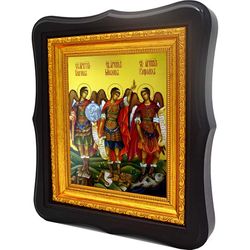 Икона архангелов Михаила, Гавриила и Рафаила на холсте.