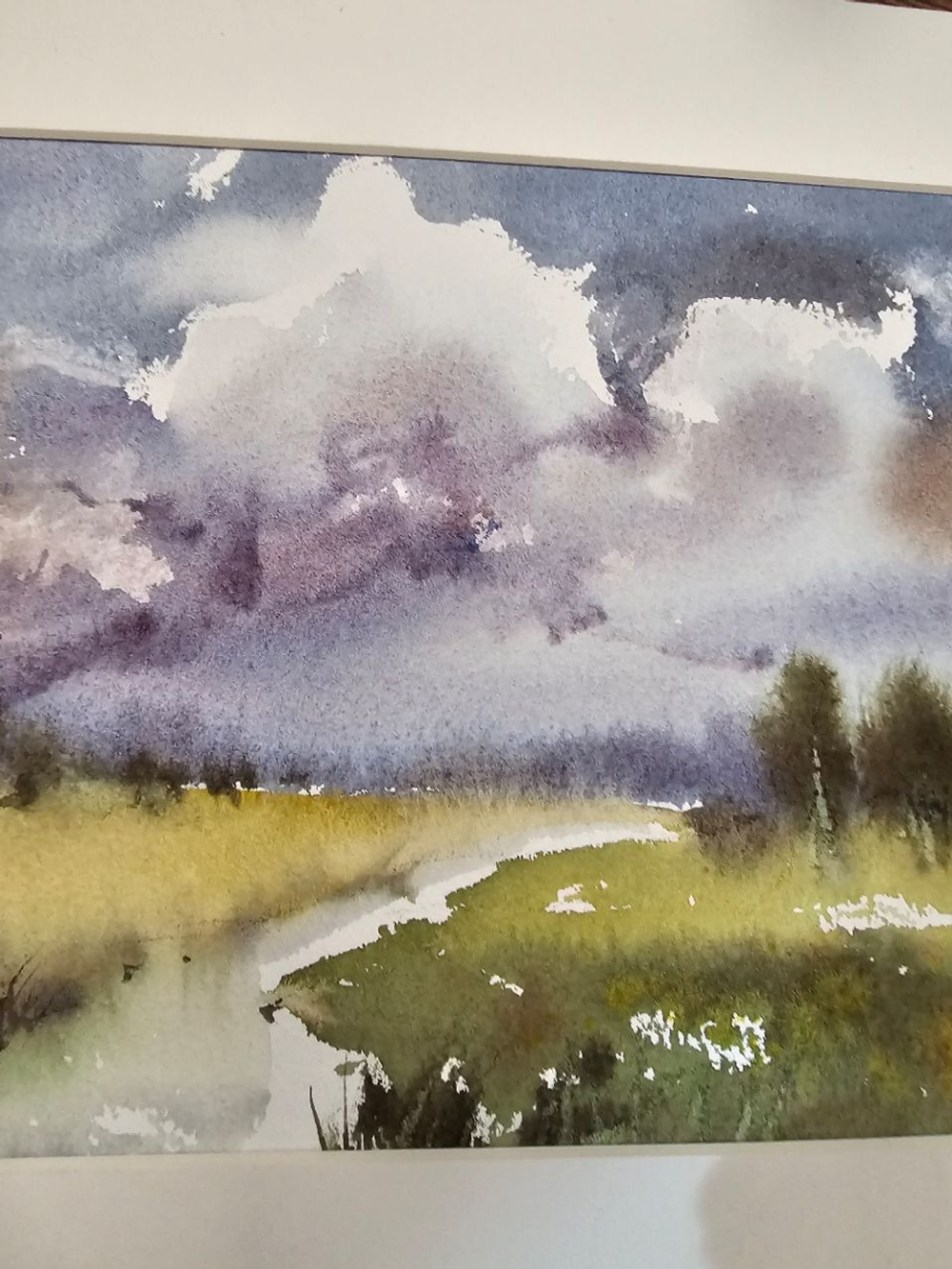 Картина акварельная авторская в паспарту 21х30 см на стену для интерьера "Летний пейзаж"