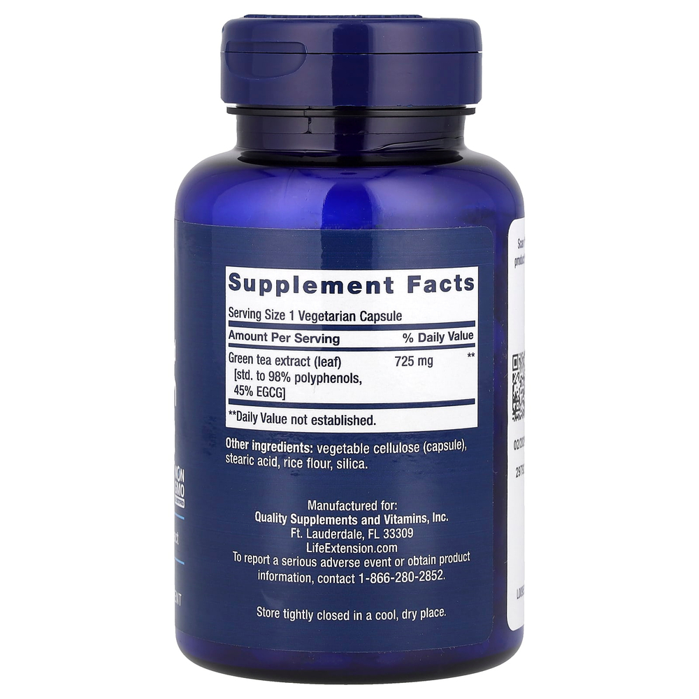 Life Extension, Super Green Tea, экстракт зеленого чая, с низким содержанием кофеина, 100 вегетарианских капсул (725 мг в 1 капсуле)