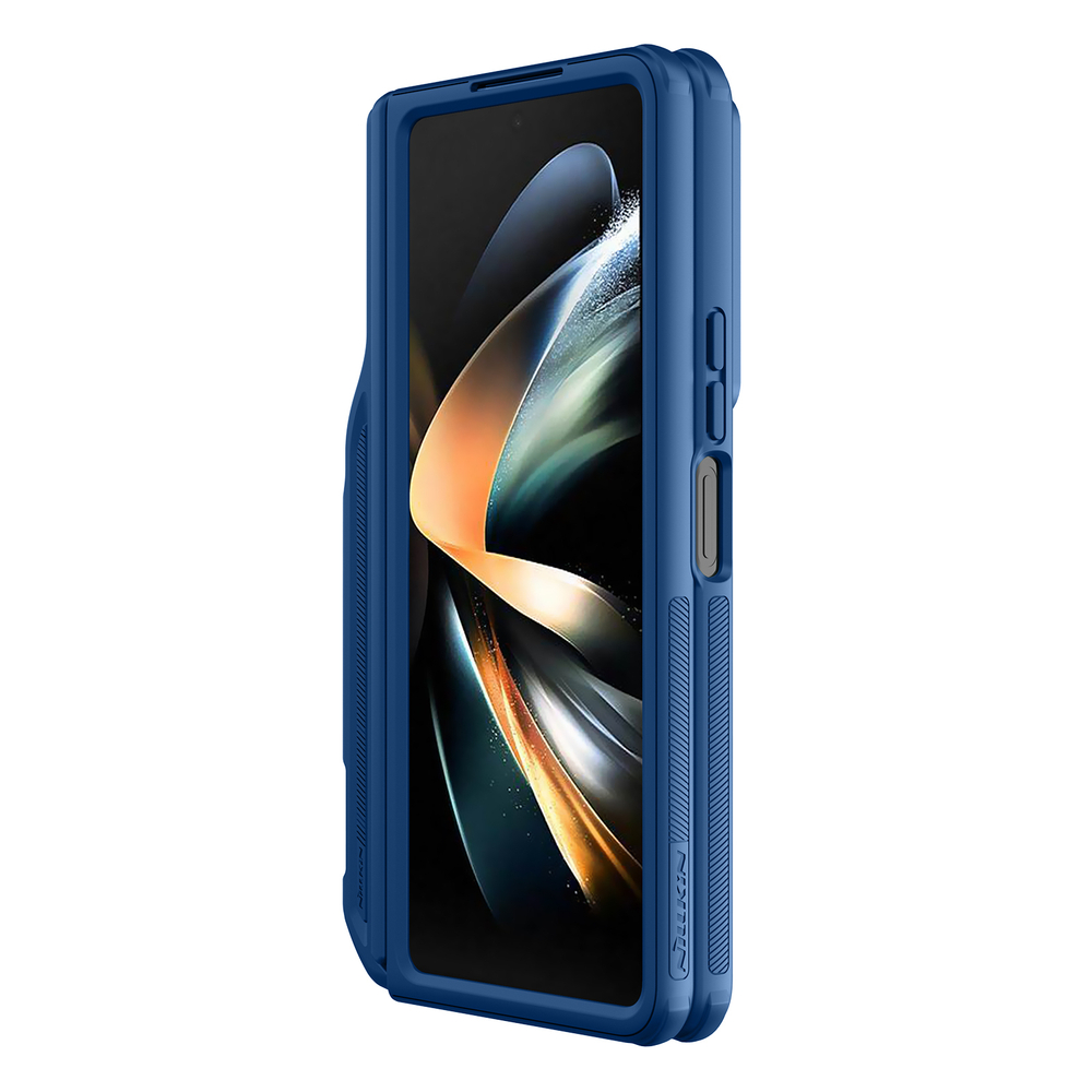 Чехол синего цвета с держателем для S Pen на Samsung Galaxy Z Fold 5 от Nillkin, серия CamShield Fold Case-Pen Holder Version, с сдвижной шторкой для камеры