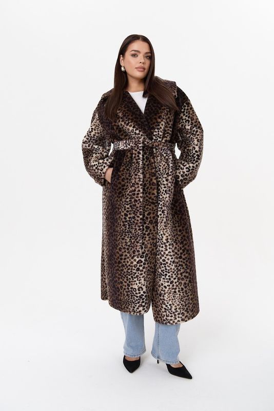 Шуба из овчины на трикотажной основе укороченная, леопард