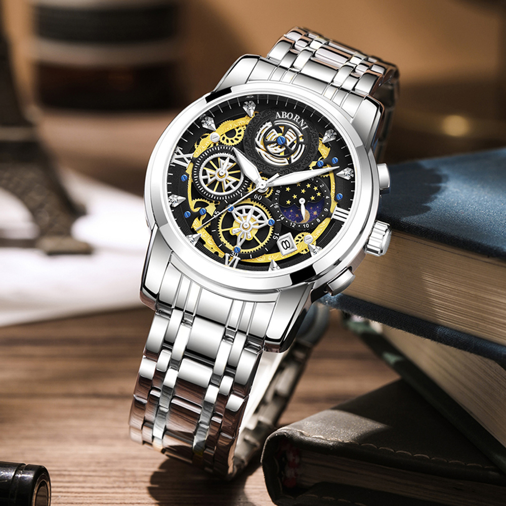 ABORNI Quartz Movement Stainless Steel Watchband Watch Men"s Watches Black Dial