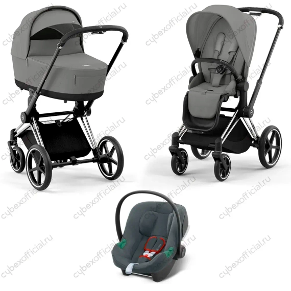 Детская коляска Cybex Priam IV 3 в 1 Mirage Grey шасси Chrome Black автокресло Aton B i-Size