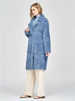 Шуба женская из шерсти мериноса чебурашка тедди, синяя, SilverFox