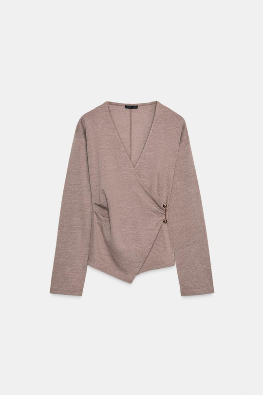 ZARA ТОП С БРОШЬЮ СБОКУ, СВЕТЛО-КОРИЧНЕВЫЙ