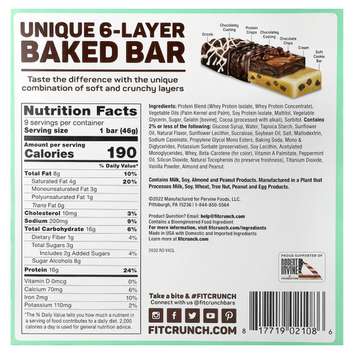 FITCRUNCH, Запеченный батончик с высоким содержанием протеина, мятная шоколадная крошка, 9 батончиков, 46 г (1,62 унции)