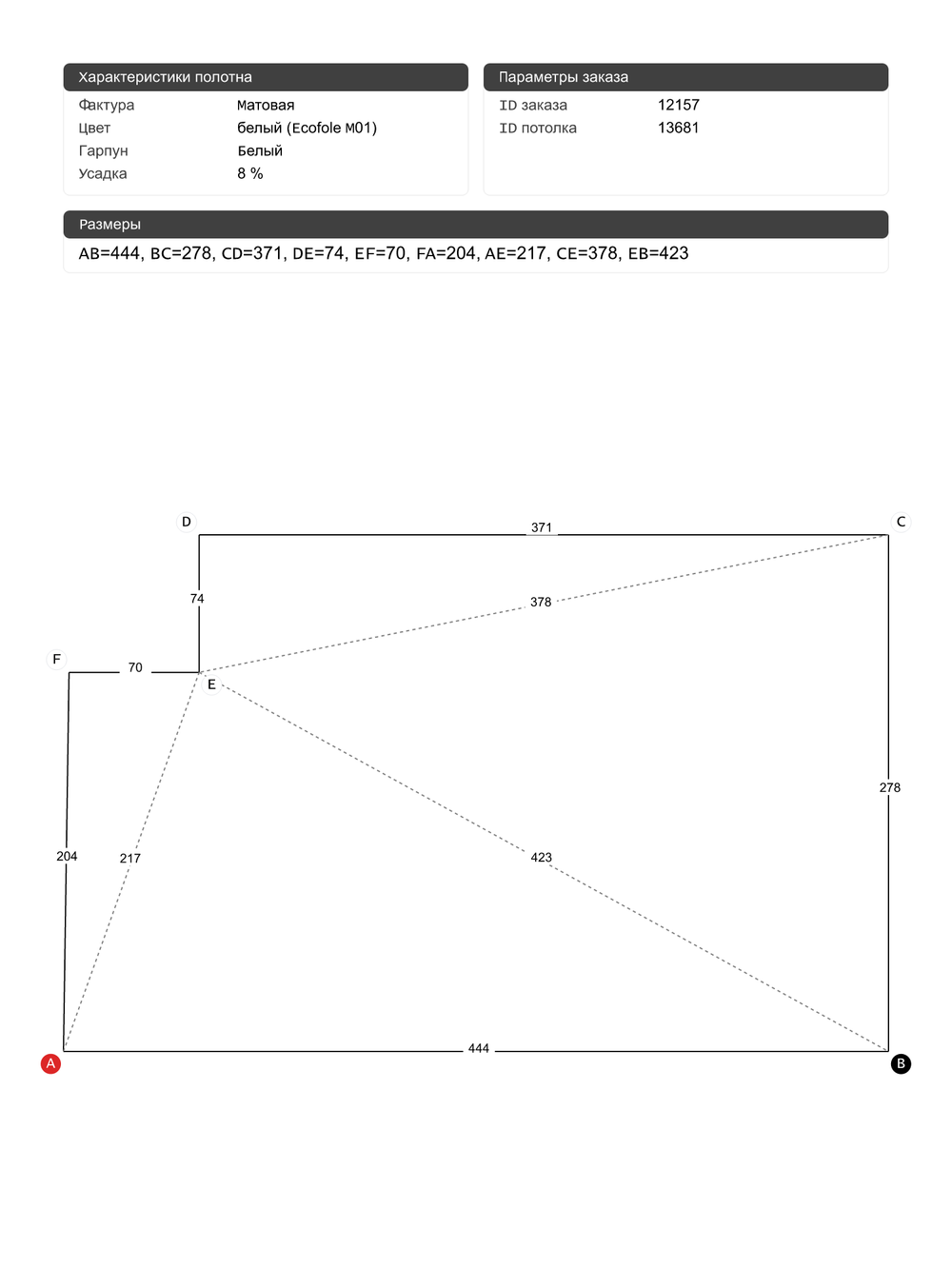 Матовый натяжной потолок 11.8 м2