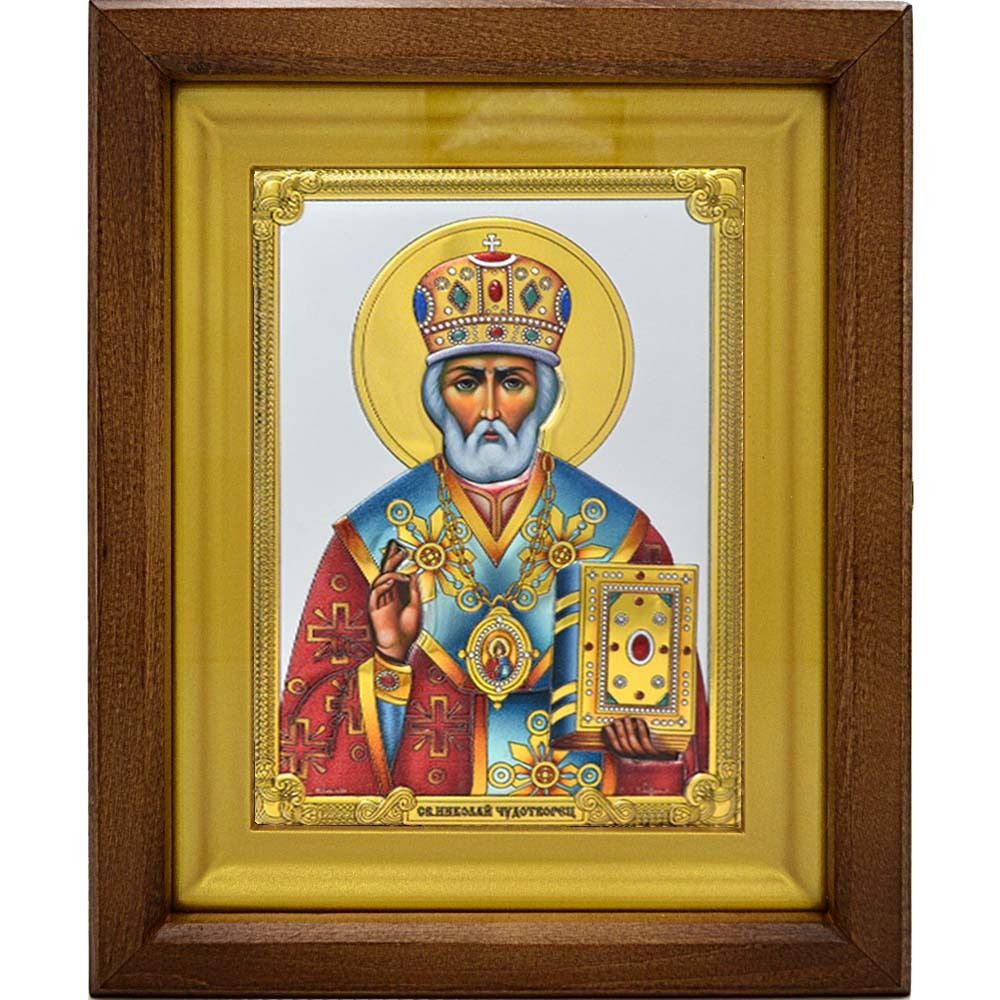 Николай Чудотворец Угодник Божий. Икона в серебряном окладе, в деревянном киоте.