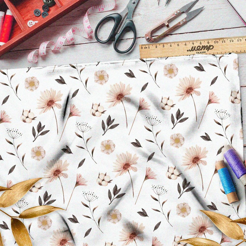 Ткань бязь полевые розовые цветы на бежевом фоне