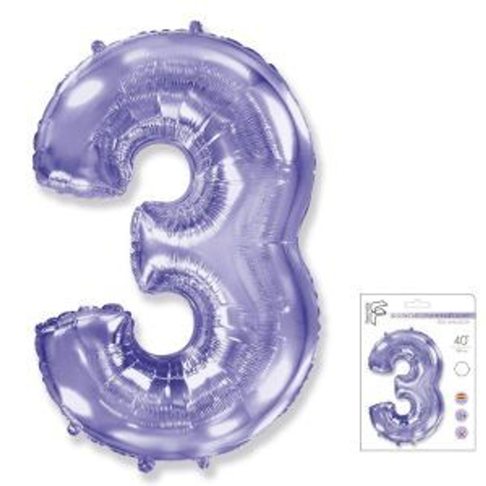 F 40 Цифра «3» сиреневый в упаковке / Three / 1 шт /, Фольгированный шар (Испания)(надутый гелием)