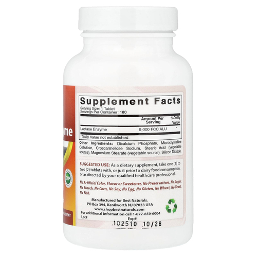 Best Naturals, Натуральный фермент лактаза, 9000 FCC ALU, 180 таблеток