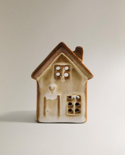 ZARA HOME КЕРАМИЧЕСКИЙ РОЖДЕСТВЕНСКИЙ ПОДСВЕЧНИК В ФОРМЕ ДОМИКА С СЕРДЕЧКОМ, КОРИЧНЕВЫЙ
