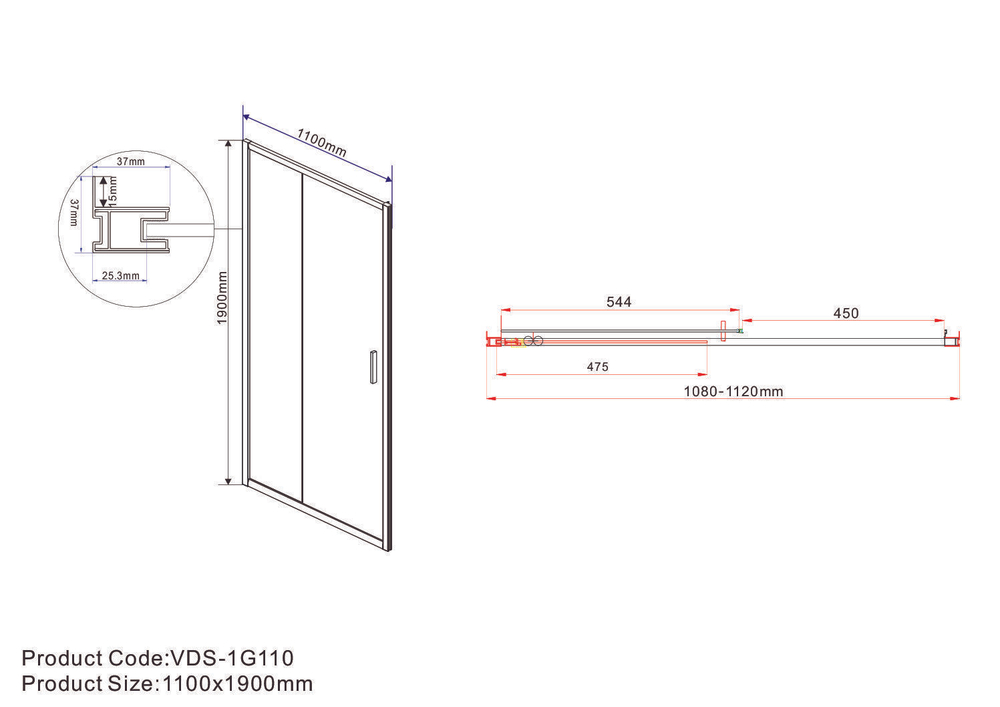 Душевая дверь Garda VDS-1G110CLB, 1100, черный, стекло прозрачное, , шт