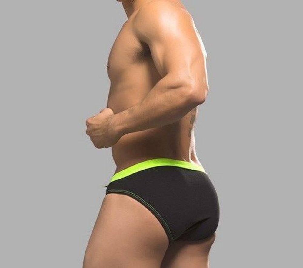 Мужские трусы брифы черные с тонкой зеленой резинкой Andrew Christian  AC9786