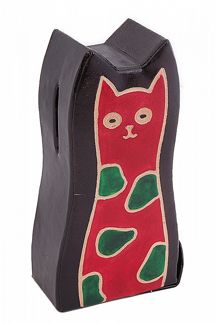 Копилка под мелочь "Кошка", цвет черный, красный кот, пятна, натуральная кожа  ручной принт