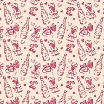 Свадебный узор в кокетливом стиле: бокалы, банты, сердца и звезды.