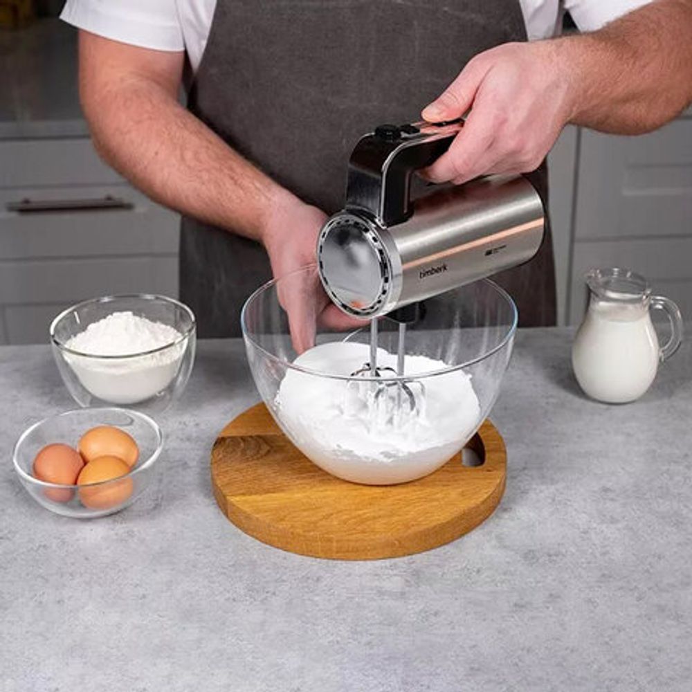 Миксер TIMBERK T-HM40S49, 550 Вт, 5 скоростей, 2 венчика, 2 крюка для теста, подставка, стальной