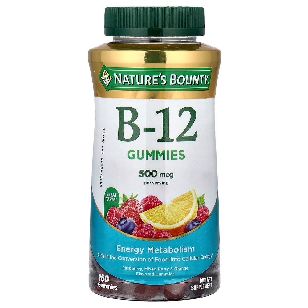 Nature's Bounty, витамин B12, со вкусом малины, ягод и апельсина, 160 жевательных таблеток