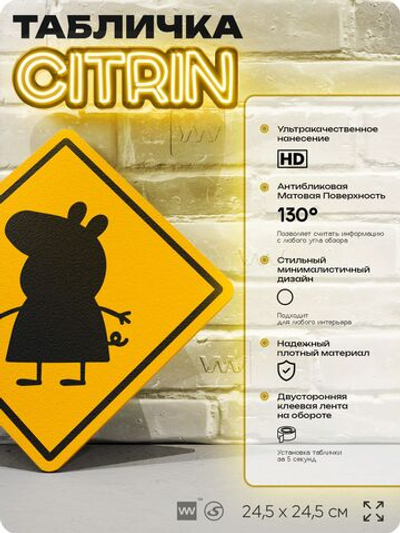 Табличка "Осторожно, Свинка Пеппа" шуточная прикольная табличка на дверь и стену, для офиса и дома, декоративный знак, 24,5х24,5 см, пластиковая, Айдентика Технолоджи