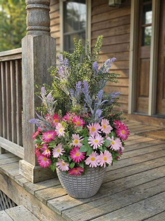 Хризантемы розово-малиновые с лавандой в кашпо Этно