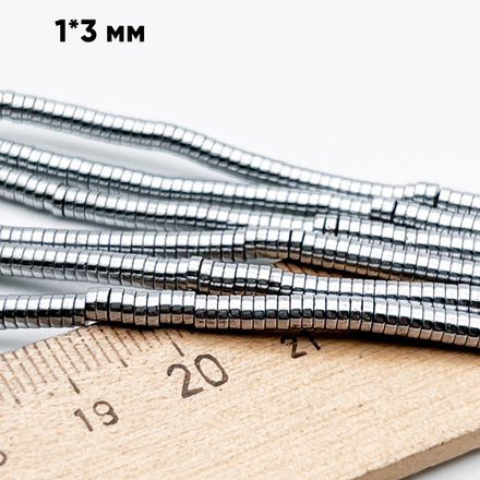 Гематит Рондель бусины (имитация), цвет серебристый, размер около 1*3 мм, цена за отрезок 19 см (1/2 нити)