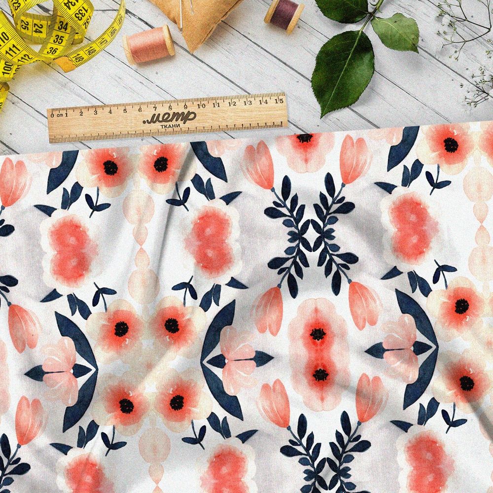 Ткань кулирная гладь лёгкие цветы с листьями