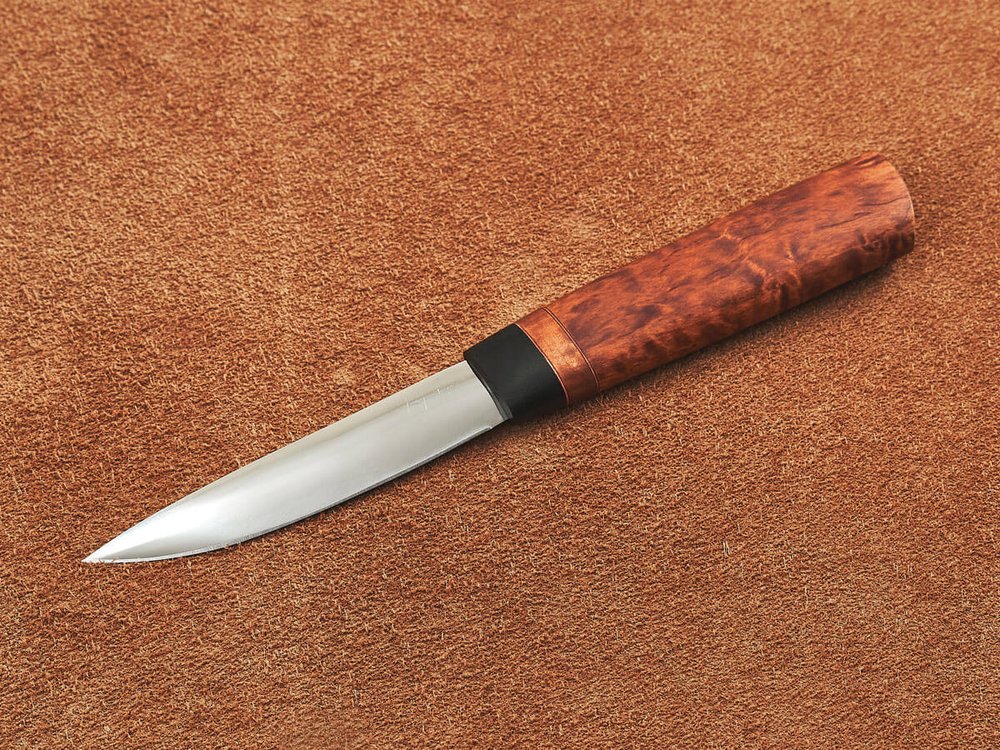 Малый шкуросъемный нож "Якут" с кованым долом, рукоять мореная карельская береза