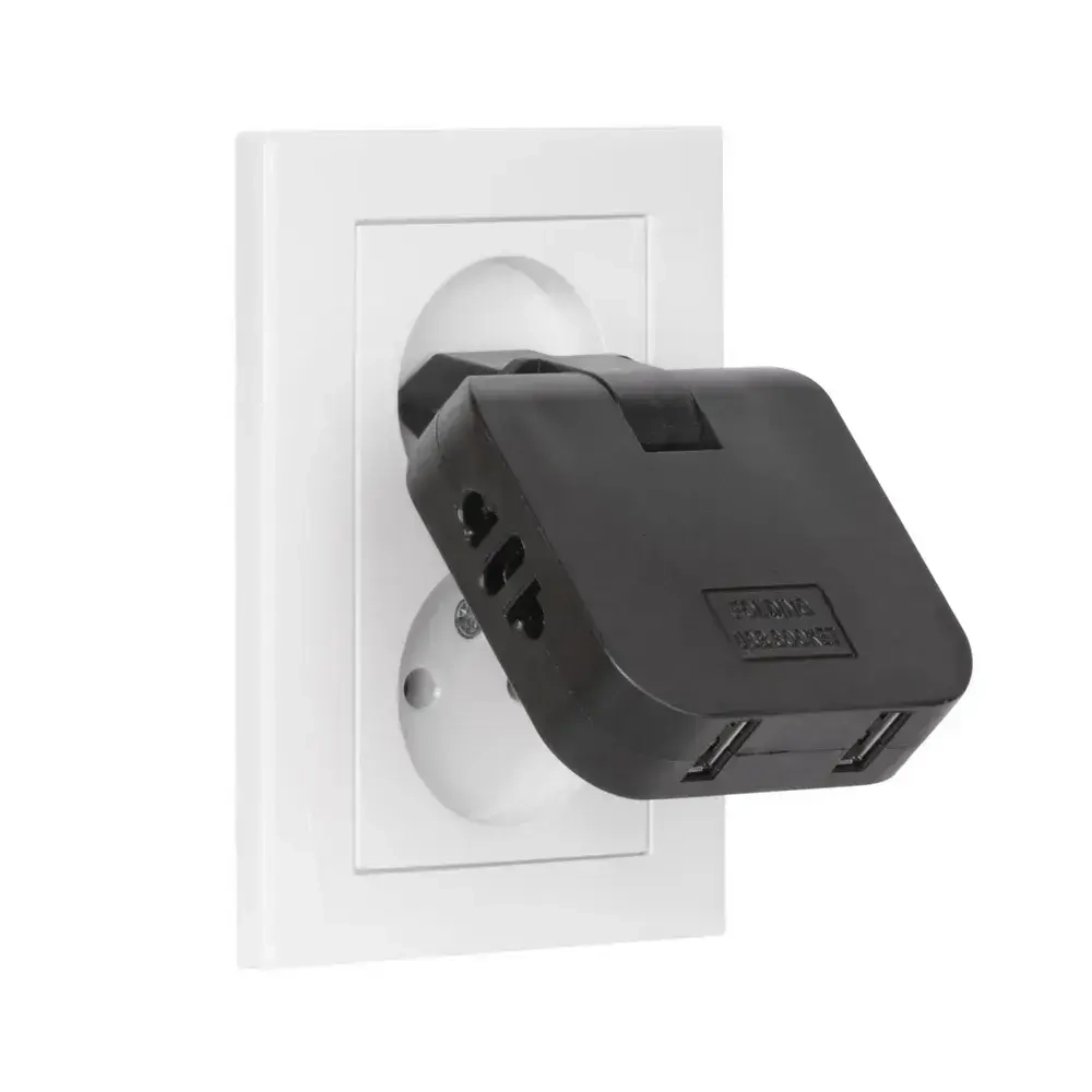 Тройник для розетки с USB плоский поворотный, USB разветвитель 180 градусов, черный усиленный тройник 16А