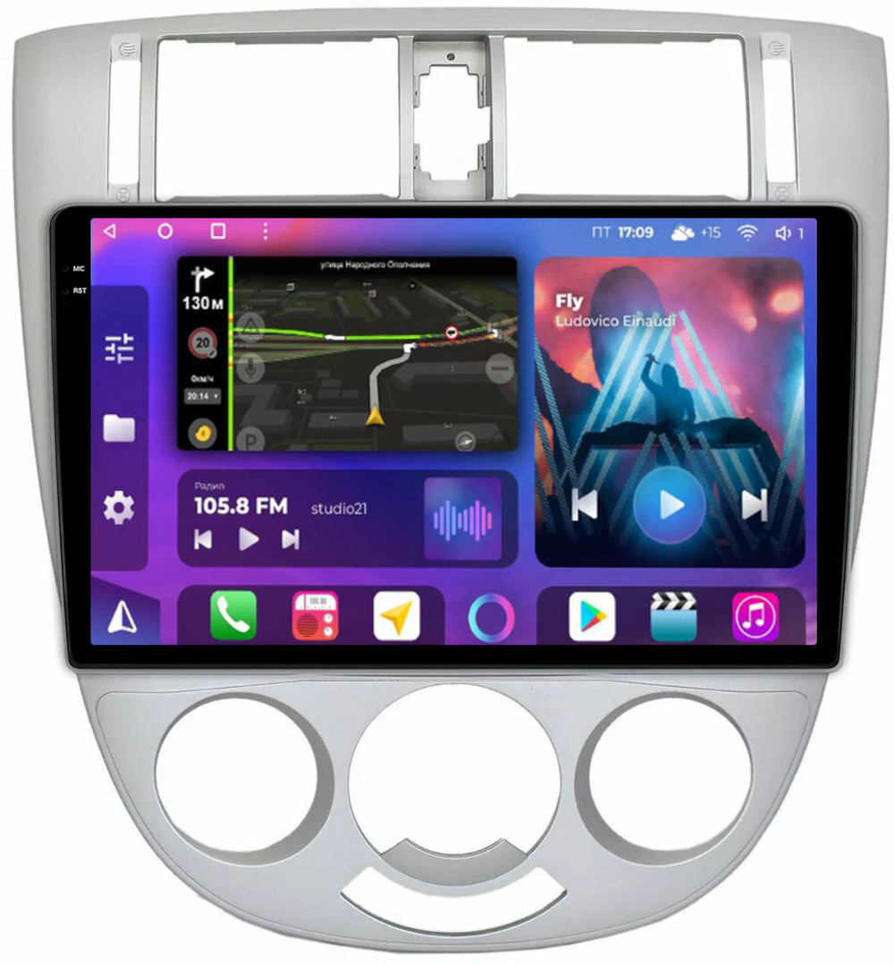 Магнитола для Chevrolet Lacetti седан/универсал, Daewoo Gentra (кондиционер, рамка серебро) - FarCar BM3014M монитор 10.36" QLED на Android 14, TS10, 4+32Гб, CarPlay, 4G SIM-слот