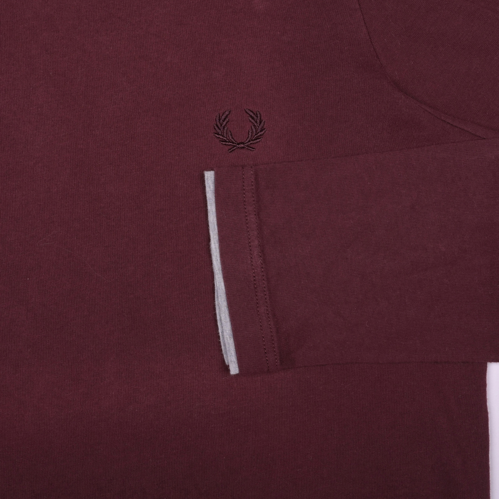 Винтажный лонгслив Fred Perry бордового цвета с контрастными окончаниями манжет, S