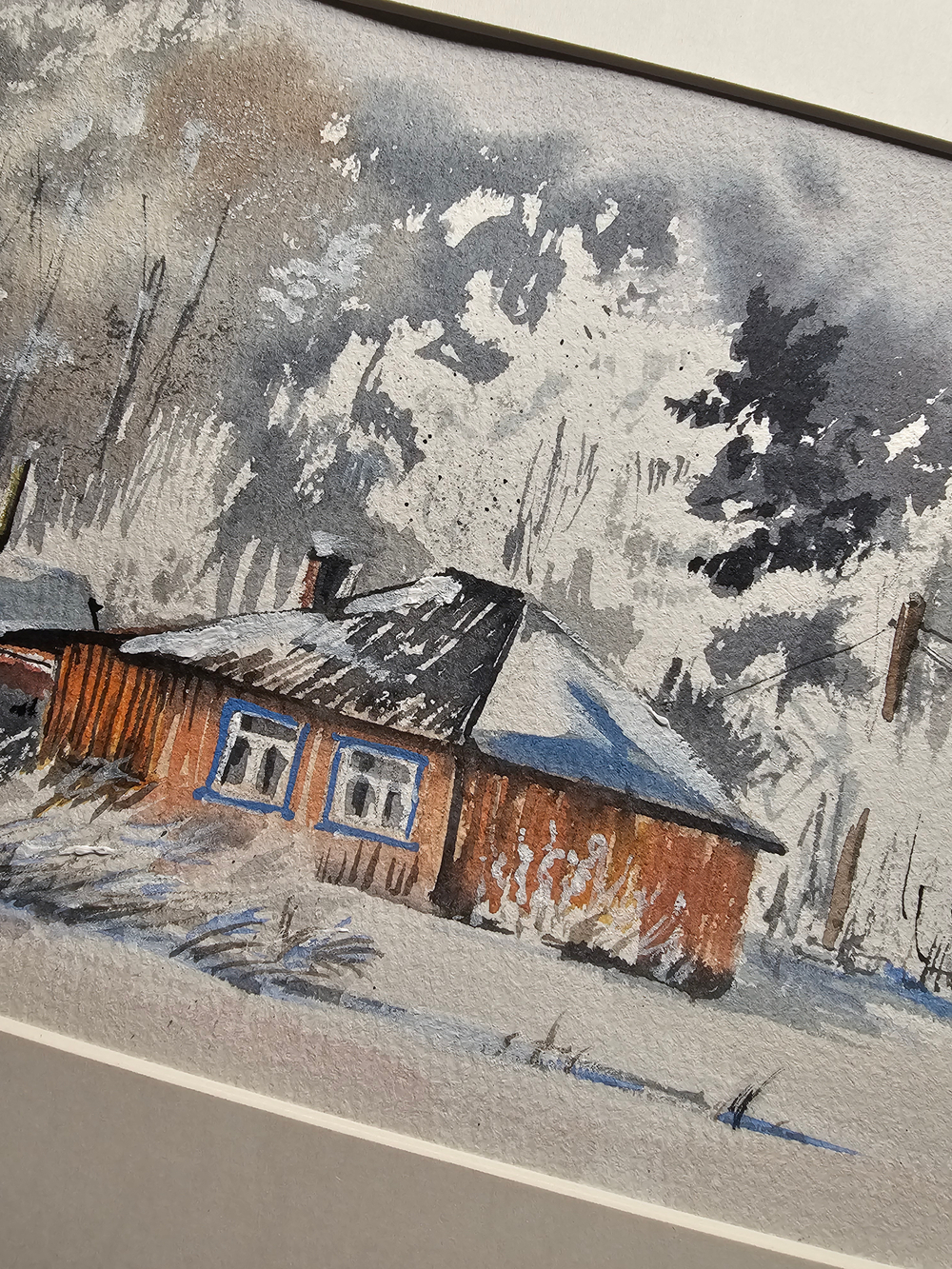Картина авторская акварельная в паспарту 21*30 см на стену для интерьера "Зима"