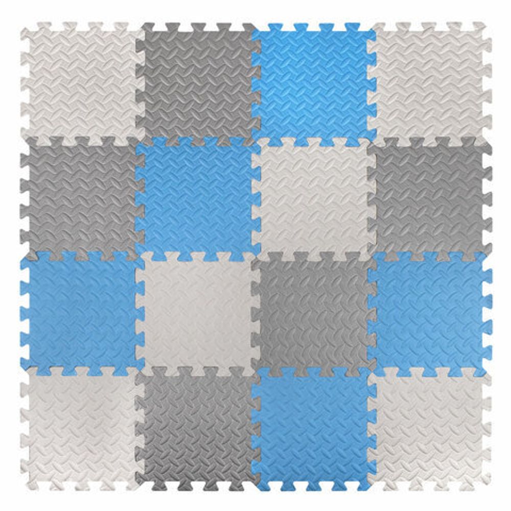 Коврик-пазл напольный 1,2х1,2 м, 16 шт., 30х30 см, толщина 1 см, серый, голубой, светло-серый, ЮНЛАНДИЯ, 664813