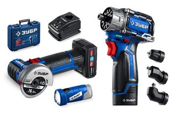 ЗУБР набор: дрель-шуруповерт + мини УШМ + LED фонарь, 12 В, 45 Н·м, 2 АКБ тип Т7 (4 и 2 А·ч), кейс, Профессионал (DB-125-42ABF)