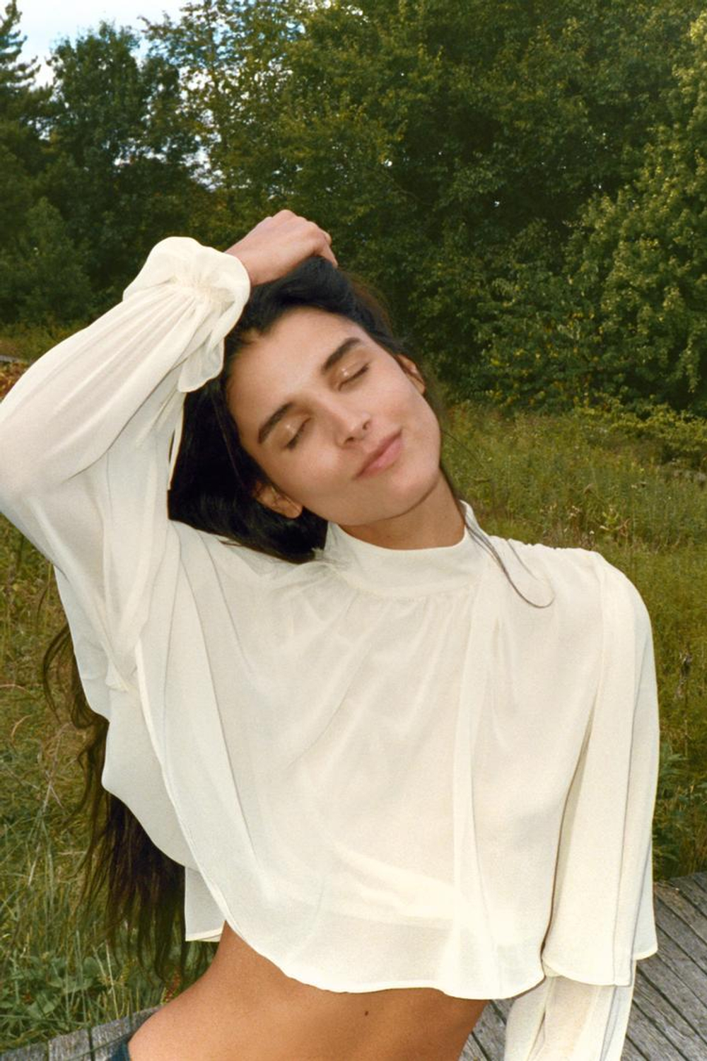 ZARA ТОП ИЗ ЖОРЖЕТА С НАКИДКОЙ, ЭКРЮ