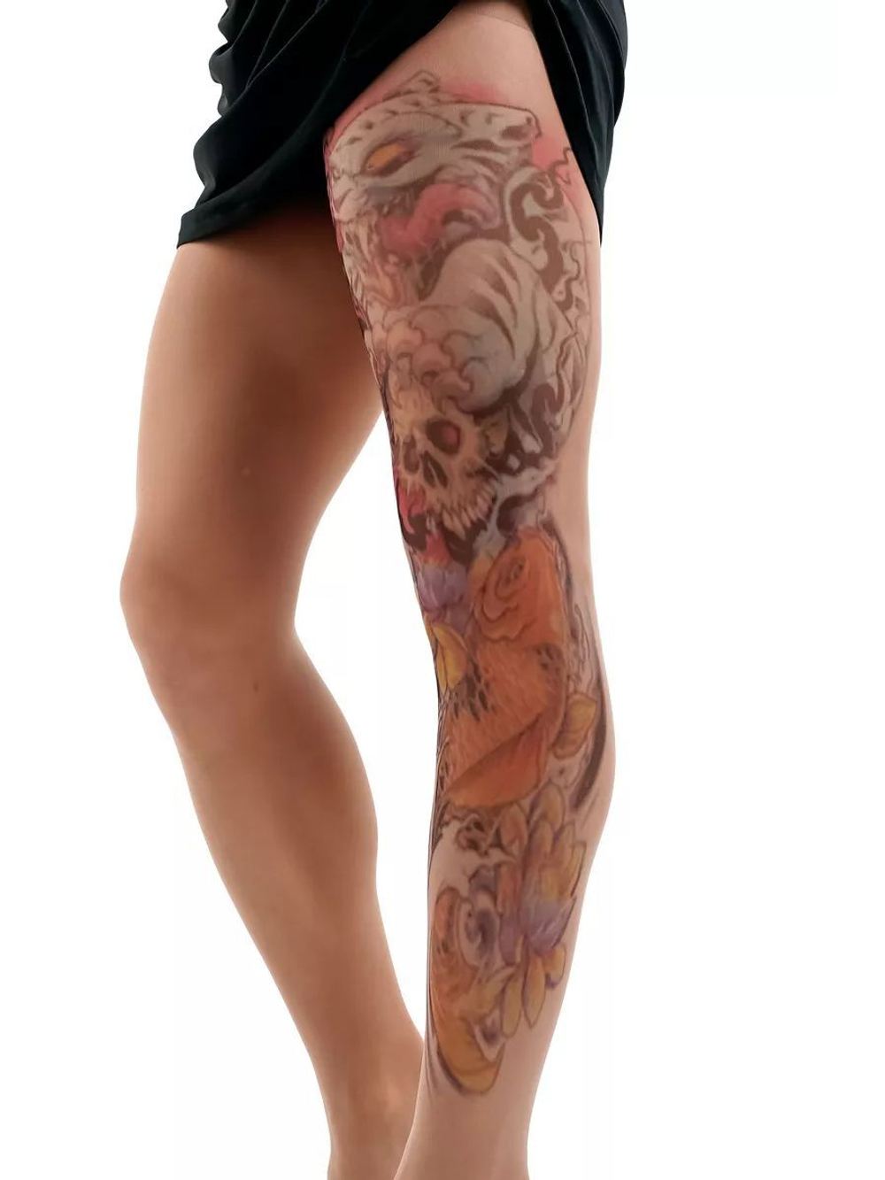 Колготки с имитацией цветной татуировки на всю левую ножку (Размер: S-M-L) (Цвет: бежевый)