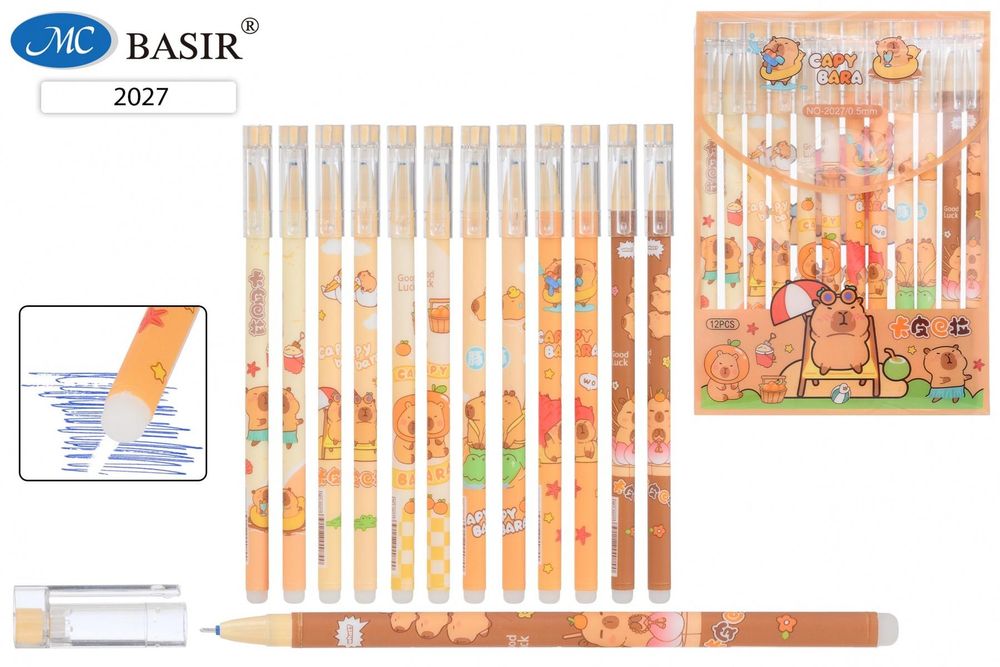 Ручка пиши-стирай 0,5мм. "Капибара" синяя, ассорти (Basir) (Комплект 12шт.)