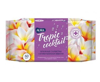 Влажные салфетки Aura Tropic Cocktail Antibacterial, с антибактериальным эффектом, эвкалипт, 60 шт