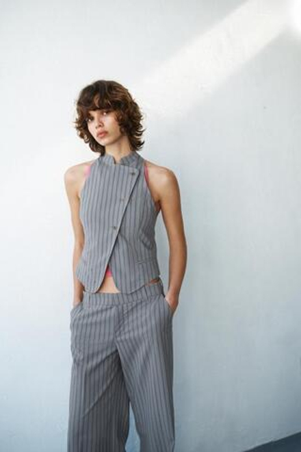 ZARA БРЮКИ КЛЕШ В ТОНКУЮ ПОЛОСКУ, СЕРО-СИНИЙ