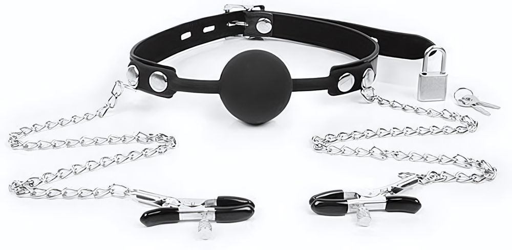 Черный кляп-шарик с зажимами на соски на металлической цепочке (Цвет: черный)